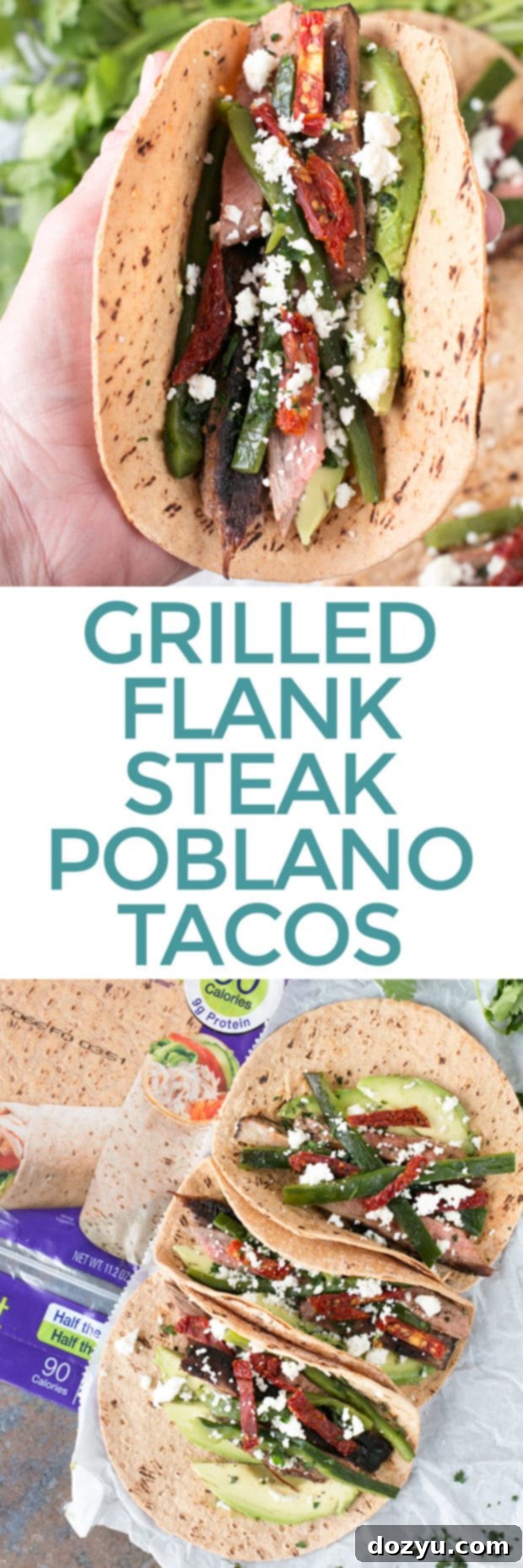 Pin this Grilled Flank Steak Poblano Tacos recipe for later