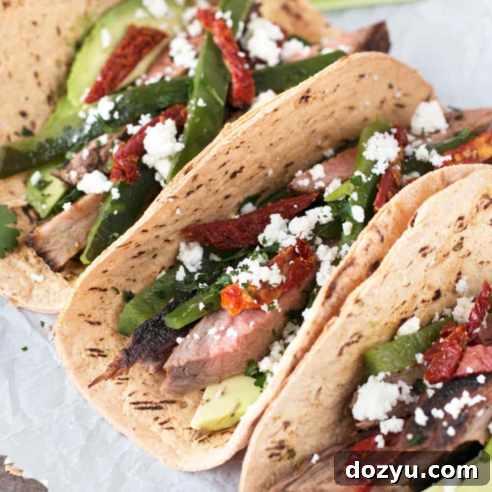 A vibrant photo of the Grilled Flank Steak Poblano Tacos recipe