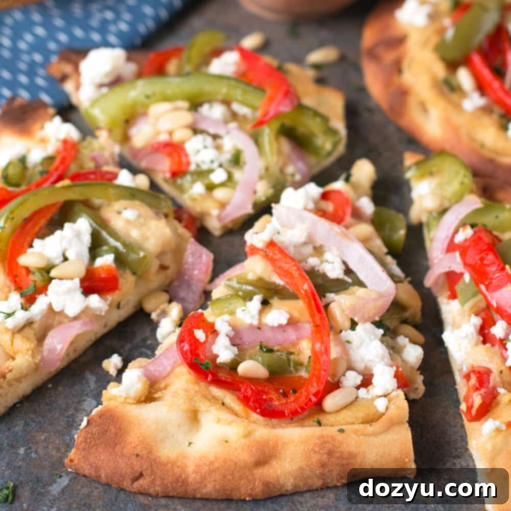 Garlic Hummus & Roasted Vegetable Grilled Flatbread | cakenknife.com #unofficialmeal #appetizer #grilling