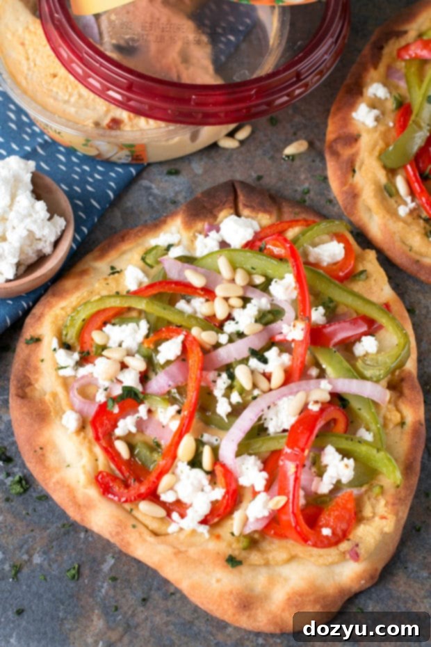 Garlic Hummus & Roasted Vegetable Grilled Flatbread | cakenknife.com #unofficialmeal #appetizer #grilling