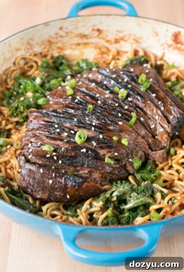 Soy Marinated Flank Steak with Creamy Kale Peanut Noodles | cakenknife.com #dinner #datenight #pasta #steak