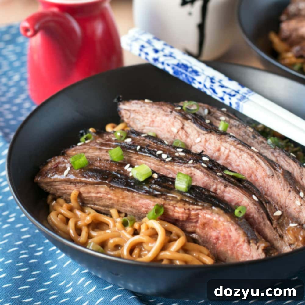Soy Marinated Flank Steak with Creamy Kale Peanut Noodles | cakenknife.com #dinner #datenight #pasta #steak