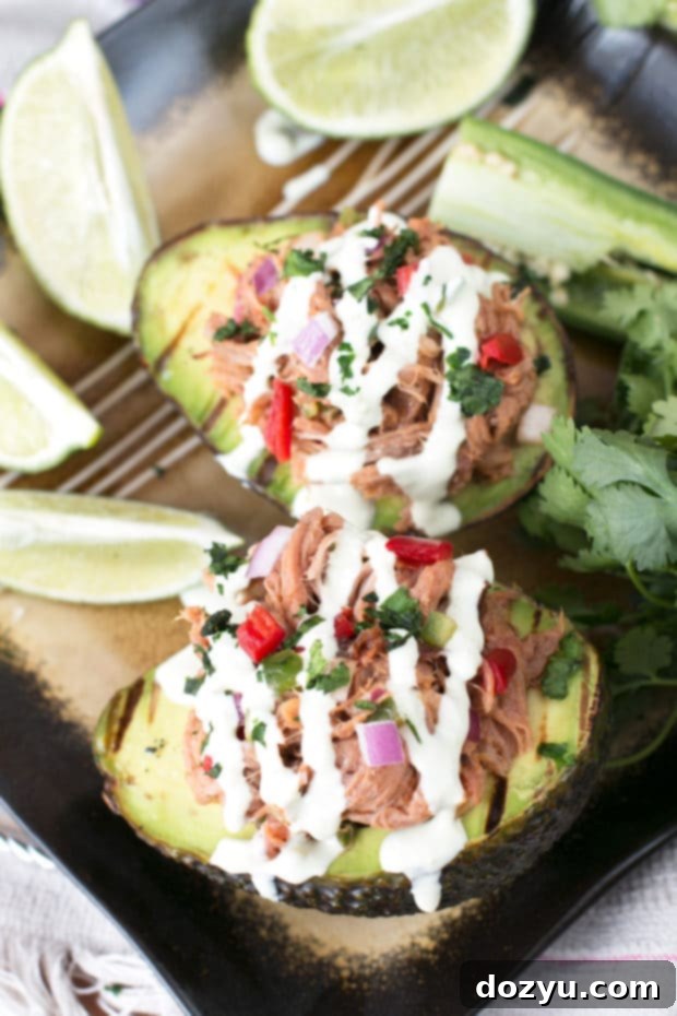 Grilled Pulled Pork Tex Mex Stuffed Avocados - A healthy and delicious summer grilling recipe.