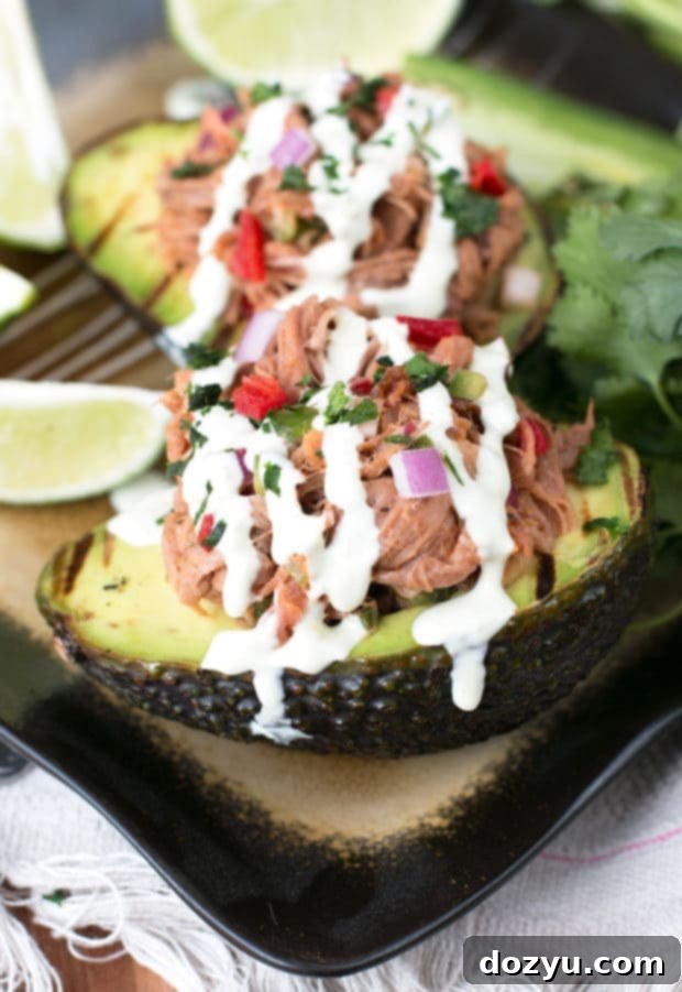 Close-up of a Tex Mex Stuffed Avocado half ready to be served.