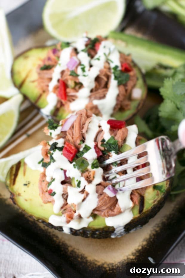 Delicious Grilled Pulled Pork Tex Mex Stuffed Avocados on a serving plate.