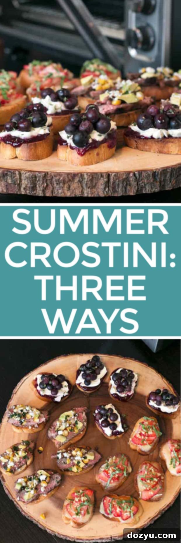 Summer Crostini 3 Ways pin graphic for Pinterest, featuring all three appetizer recipes