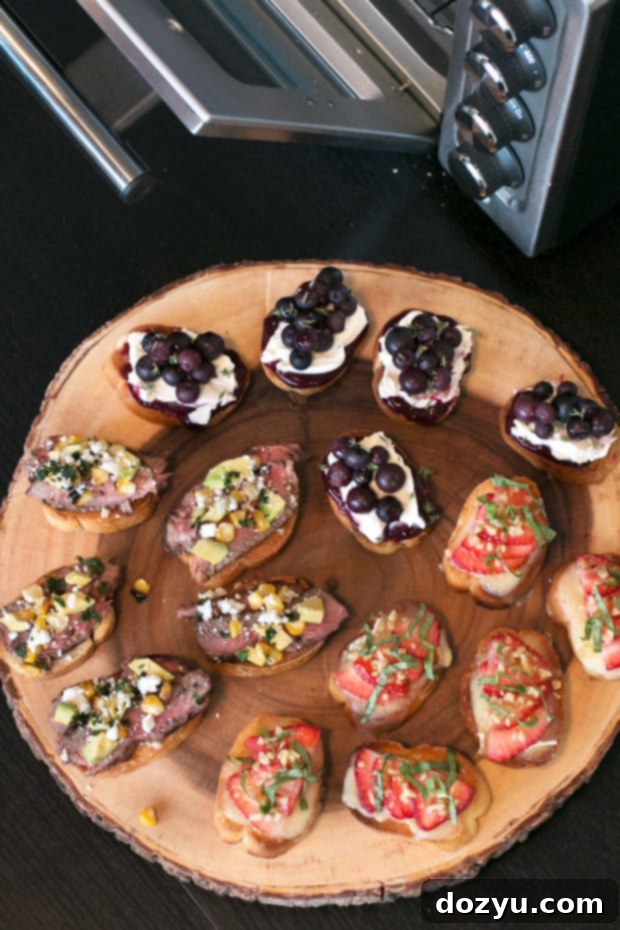 Close-up of three different summer crostini flavors, ready to serve