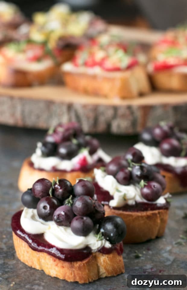 Roasted Blueberry Thyme Mascarpone Crostini, a sweet and herbaceous treat