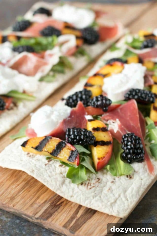 Grilled Peach Prosciutto Flatbread with fresh blackberries and arugula