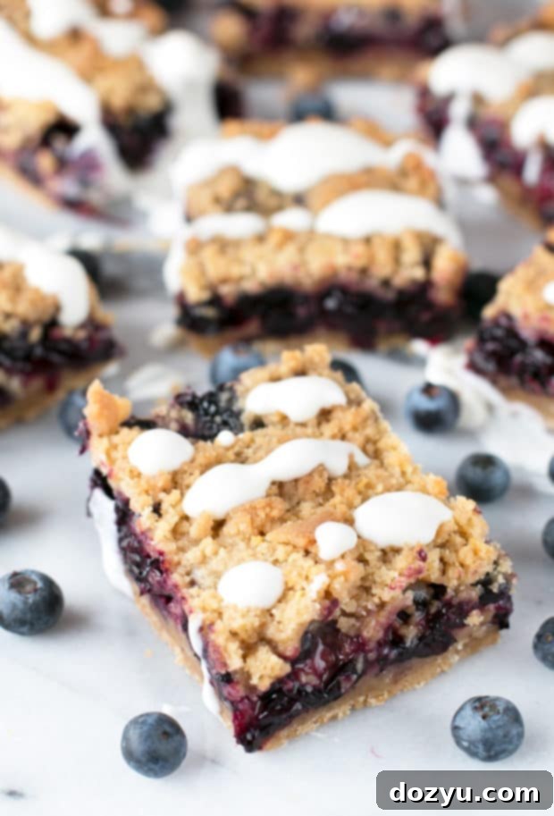 Delicious homemade blueberry pie crumb bars with a buttery crust and crumble topping