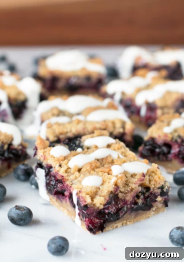 Blueberry pie crumb bars drizzled with lemon cream cheese frosting, ready to serve