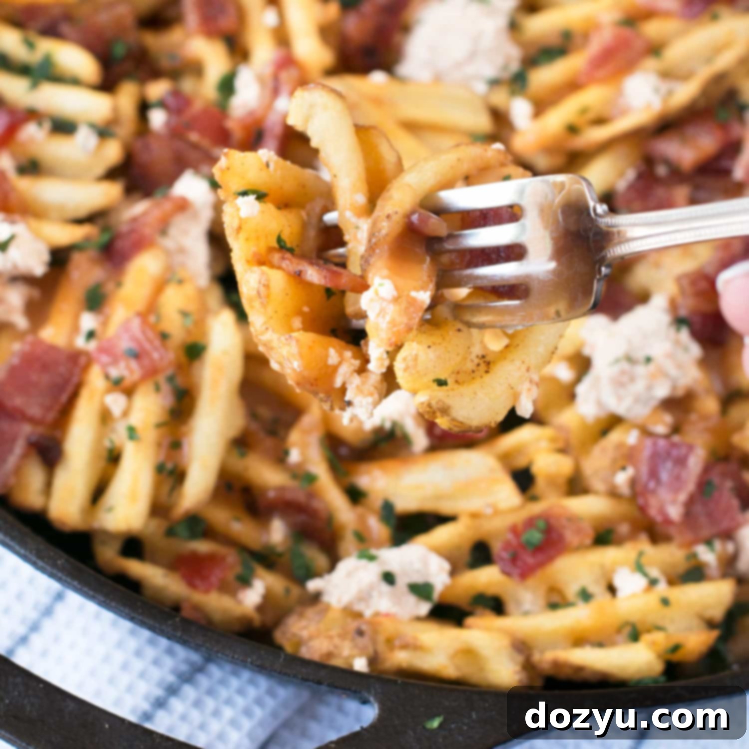 Waffle Fry Spicy Pepper Bacon Poutine | cakenknife.com #appetizer #snack #frenchfries