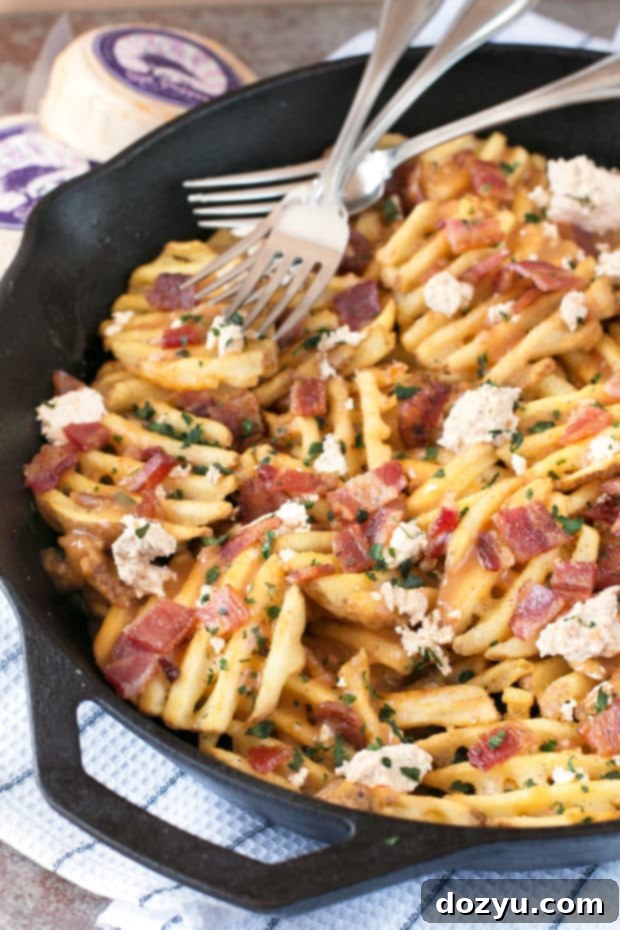 Waffle Fry Spicy Pepper Bacon Poutine | cakenknife.com #appetizer #snack #frenchfries