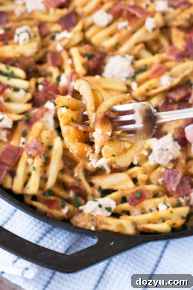 Waffle Fry Spicy Pepper Bacon Poutine | cakenknife.com #appetizer #snack #frenchfries