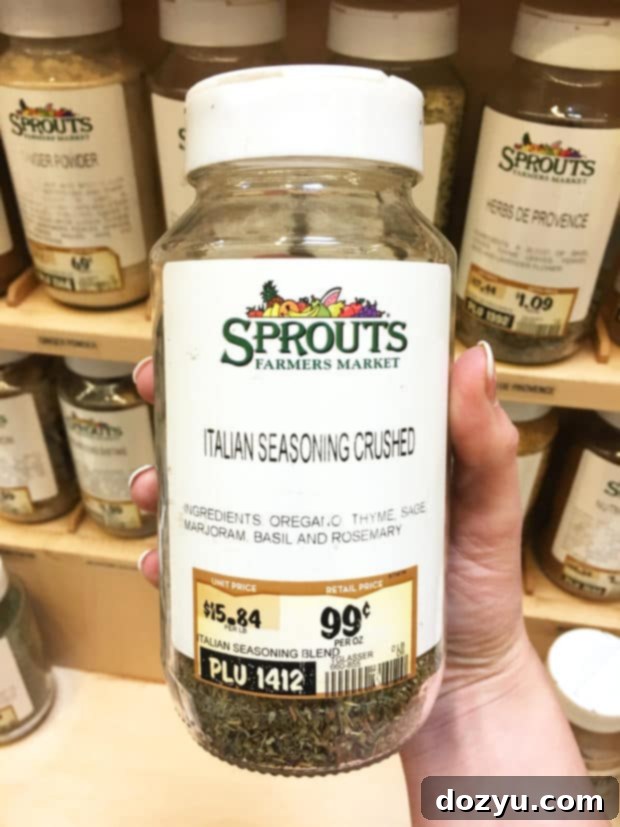 Sprouts Italian seasoning, a key ingredient for the Carbonnades à la Flamande, showcasing the quality and convenience of Sprouts' bulk spice section.