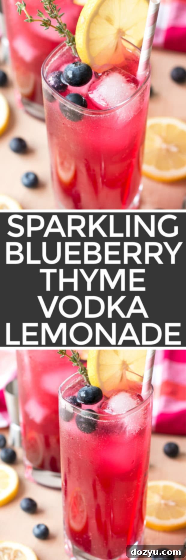 Pinterest graphic for Sparkling Blueberry Thyme Vodka Lemonade recipe, featuring the cocktail and key ingredients.