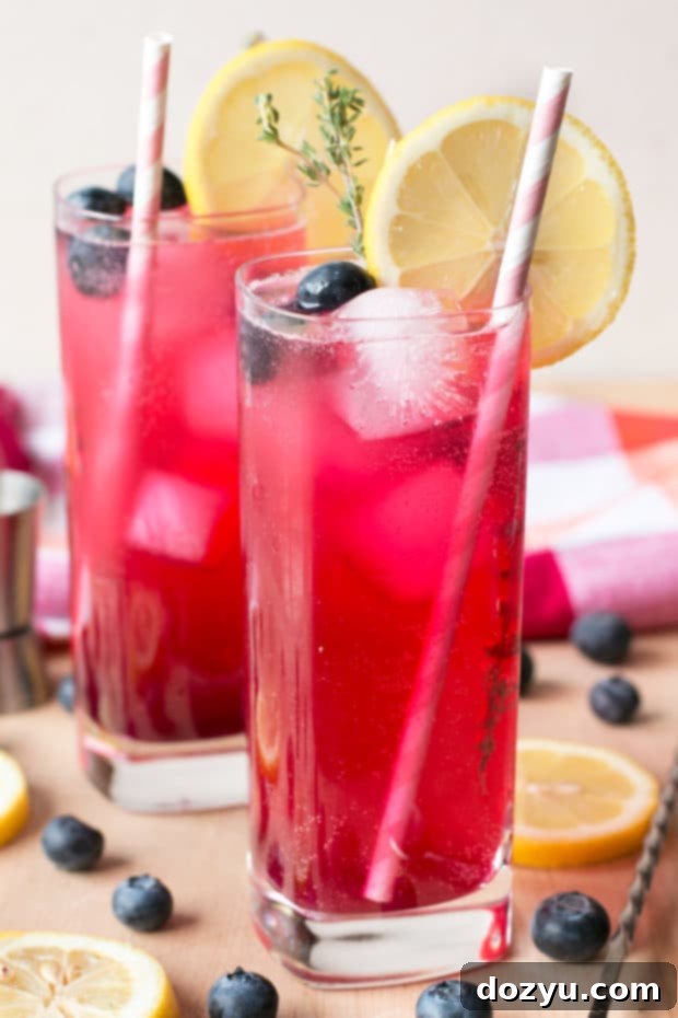 Three glasses of Sparkling Blueberry Thyme Vodka Lemonade, ready to be enjoyed on a hot day.