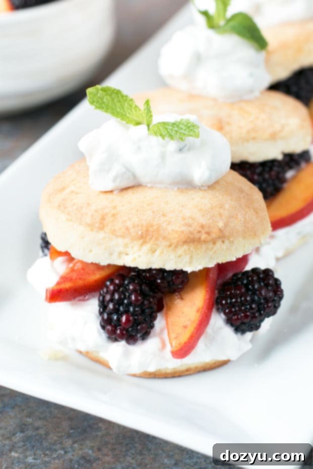 Blackberry Peach Shortcake Stacks with Mint Whipped Cream | Stacked shortcakes with fruit and cream.