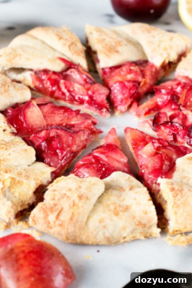 Fresh pluot slices arranged on a rustic lemon galette dough, ready for baking.