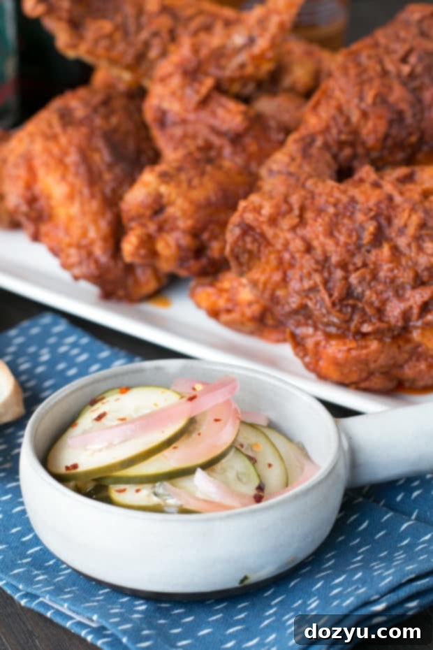Hot Chicken with Homemade Quick Pickles | cakenknife.com #dinner #southern #nashville #friedchicken