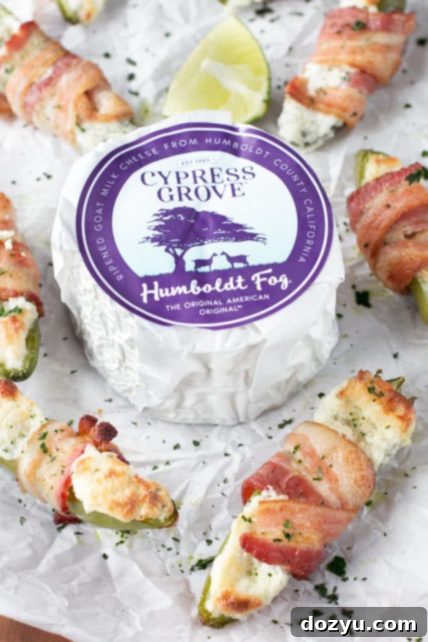 Goat Cheese Stuffed Bacon Wrapped Jalapeños | cakenknife.com #sponsored #goatcheese #tailgating