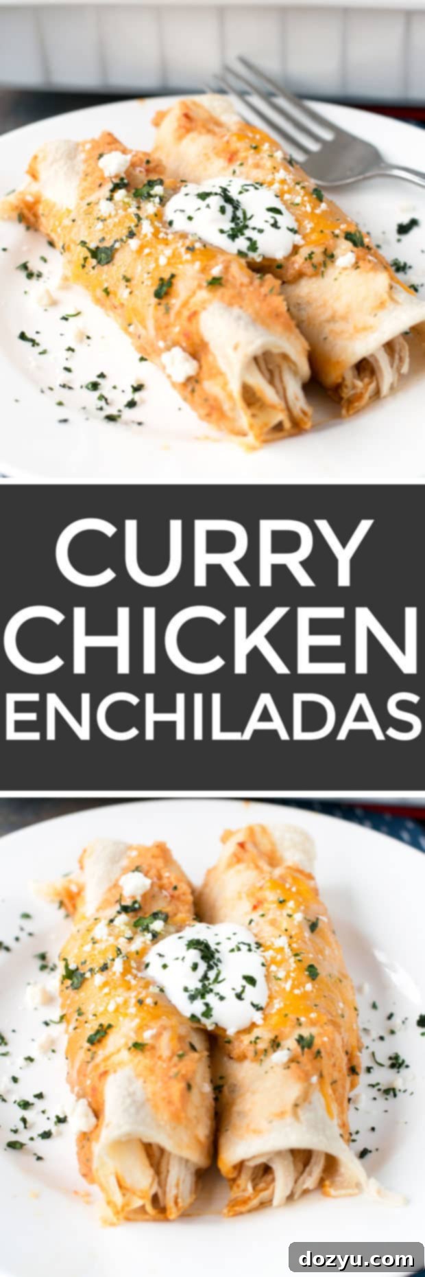 Pin-friendly image of Curry Chicken Enchiladas | cakenknife.com #weeknightdinner #dinner #enchiladas #mexican
