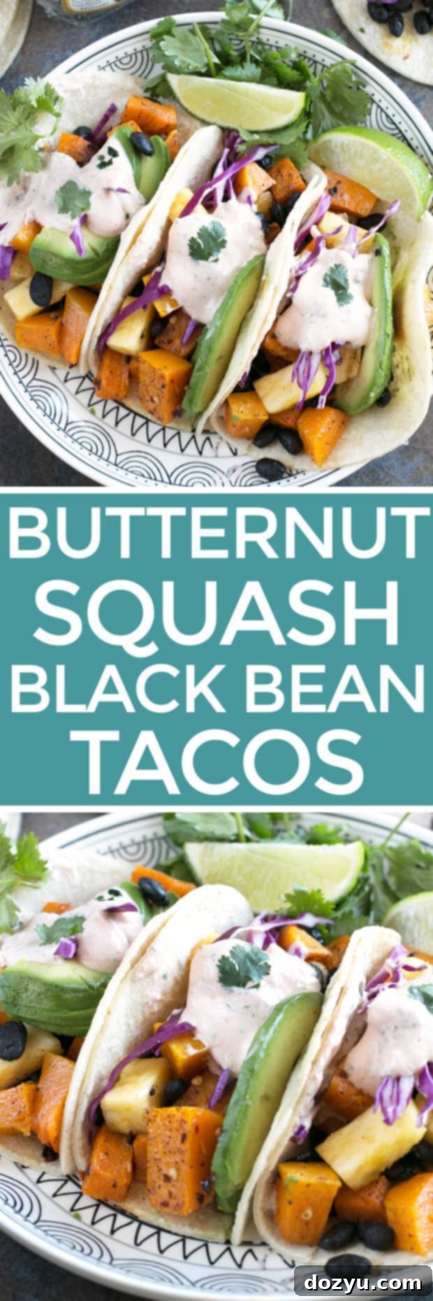 Pinterest optimized image for Roasted Butternut Squash Black Bean Tacos, featuring a stack of tacos. #vegetarian #healthy #tacotuesday #sponsored