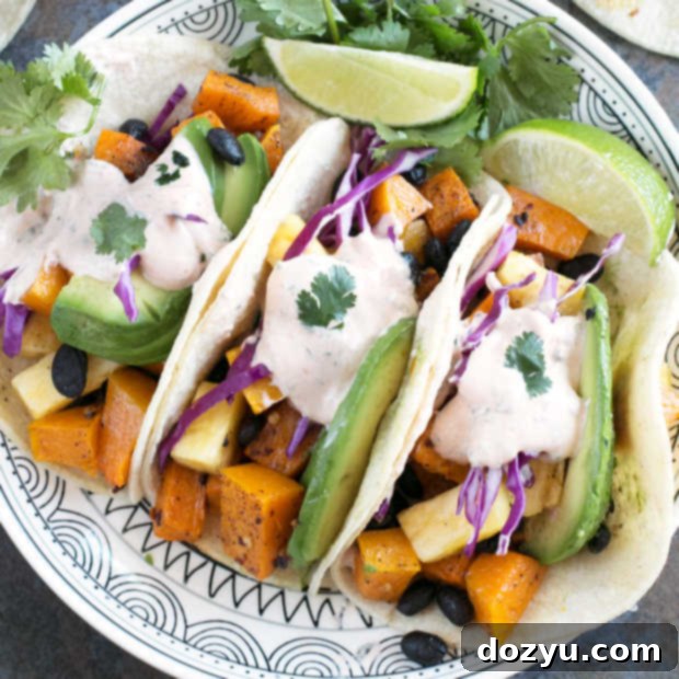 Roasted Butternut Squash Black Bean Tacos, a close-up thumbnail. #vegetarian #healthy #tacotuesday #sponsored