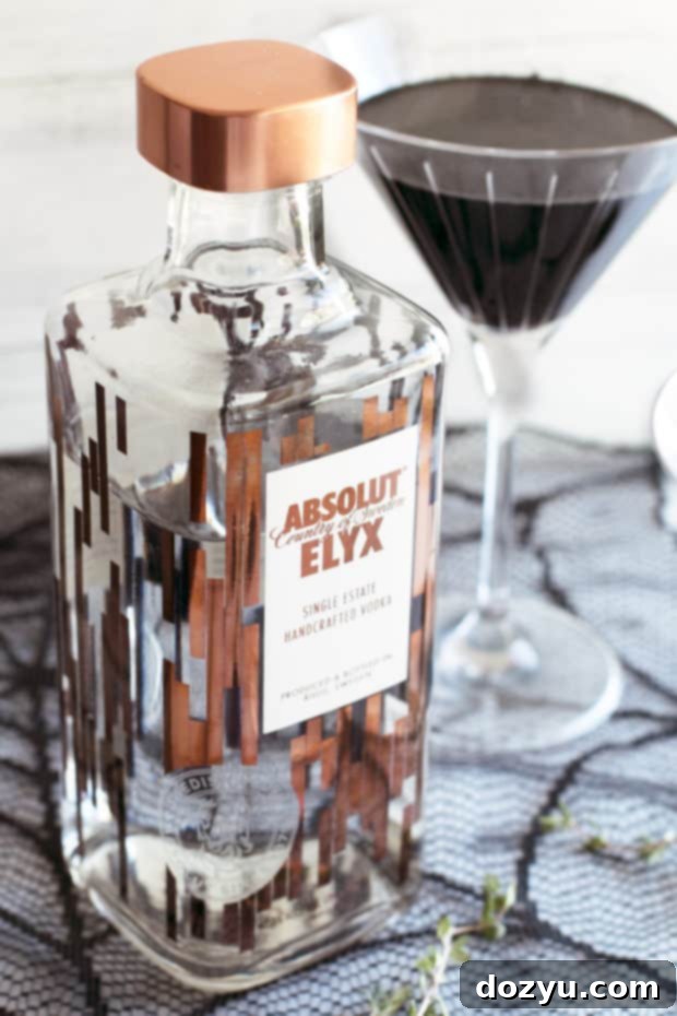 Absolut Elyx's Spellbinding Black Magic Martini 6 Bottle of Absolut Elyx vodka, the premium ingredient for the Black Magic Martini.