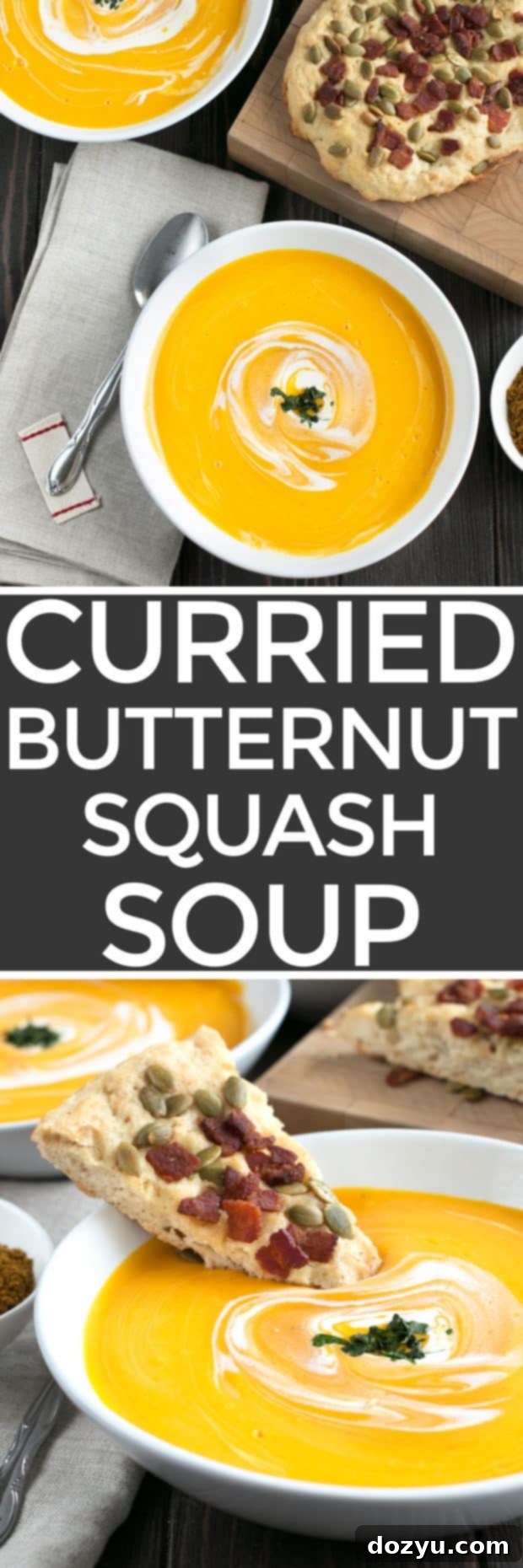 Pinterest graphic: Curried Roasted Butternut Squash Soup with Bacon Pumpkin Seed Bread recipe for fall and Thanksgiving