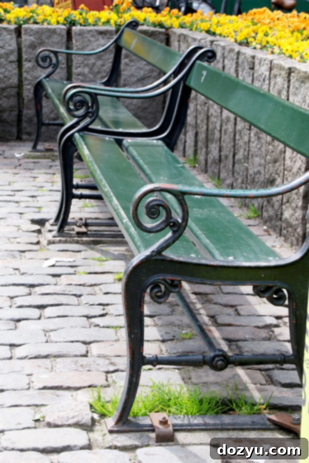 Copenhagen's Flavors: A 48-Hour Foodie Itinerary 32 Classic iron benches alongside a cobblestone street in Copenhagen
