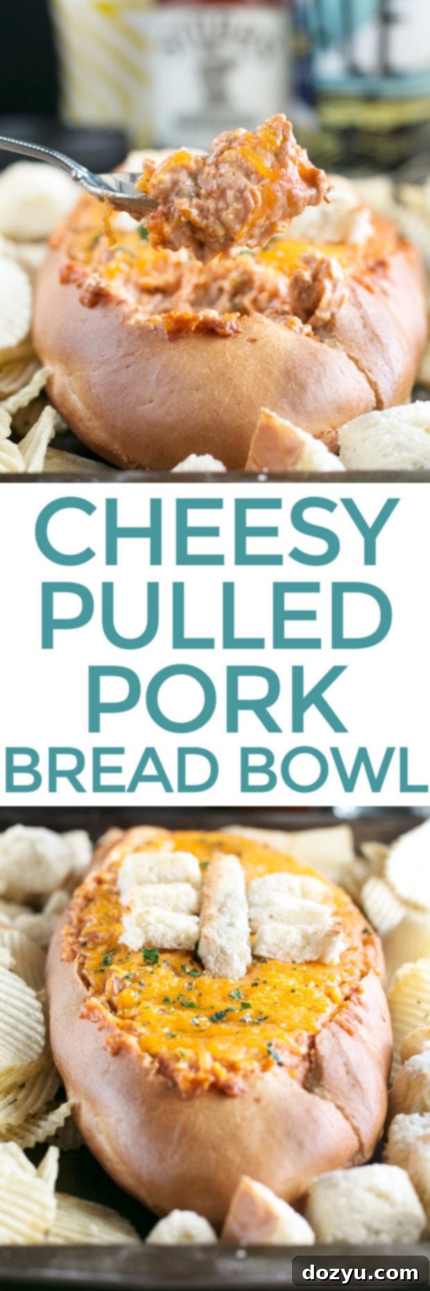Pin for Cheesy Pulled Pork BBQ Bread Dip: a visual reminder to save this ultimate game day recipe.