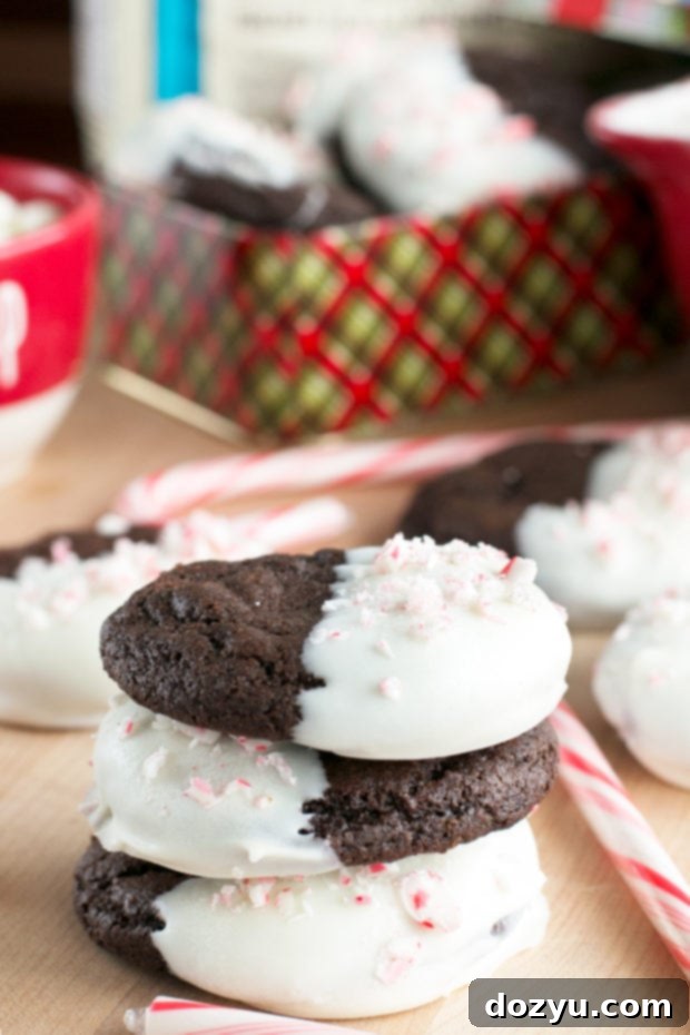 White Chocolate Dipped Dark Chocolate Peppermint Cookies | cakenknife.com #ad #12daysofgiveaways #christmas #recipe