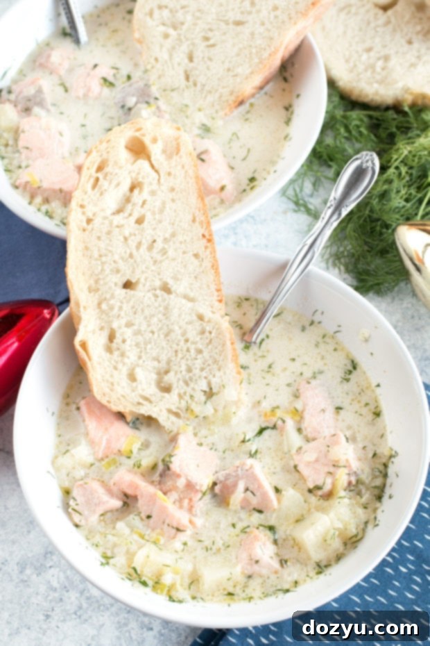 Rich and creamy homemade Salmon Chowder, perfect for Christmas Eve gatherings