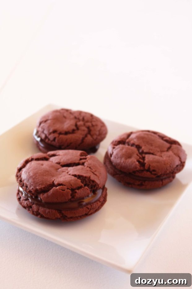 Red Velvet Cookie Sandwiches with dark chocolate ganache filling, a perfect Valentine's Day dessert