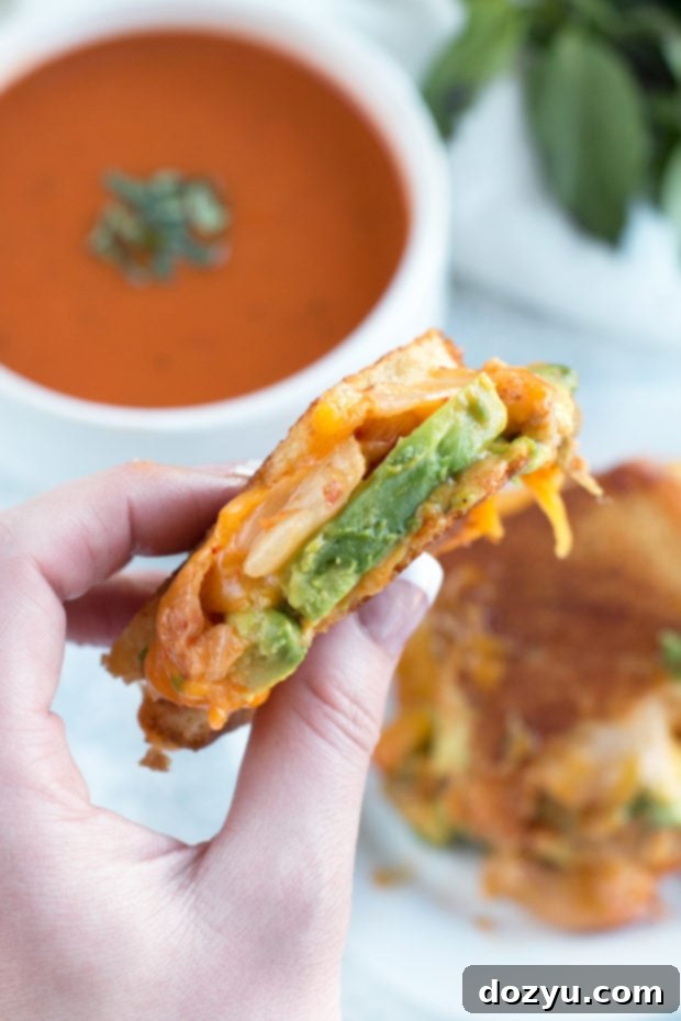 Avocado Kimchi Grilled Cheese with Thai Spiced Tomato Soup