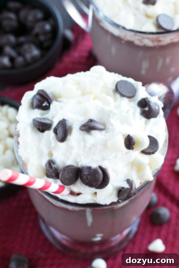 Boozy Zebra Hot Chocolate - A rich, comforting drink in a mug with whipped cream and chocolate shavings