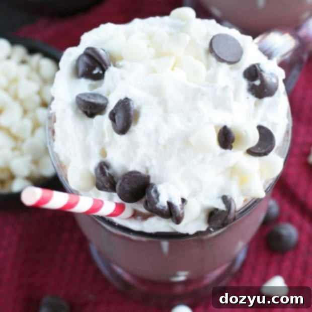 Boozy Zebra Hot Chocolate with whipped cream and chocolate shavings