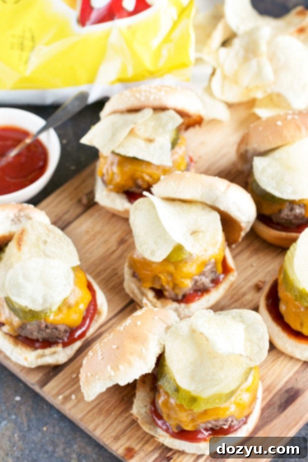 Crunch Cheeseburger Sliders - close up on assembled slider with chips