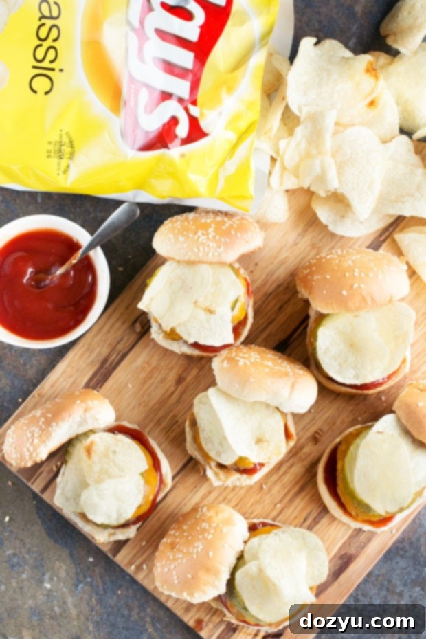 Sliders with lays potato chips image - close up on a board of sliders