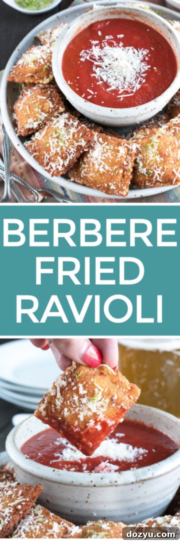 Pinterest Pin image for Berbere Fried Ravioli recipe, showing the finished appetizer with marinara
