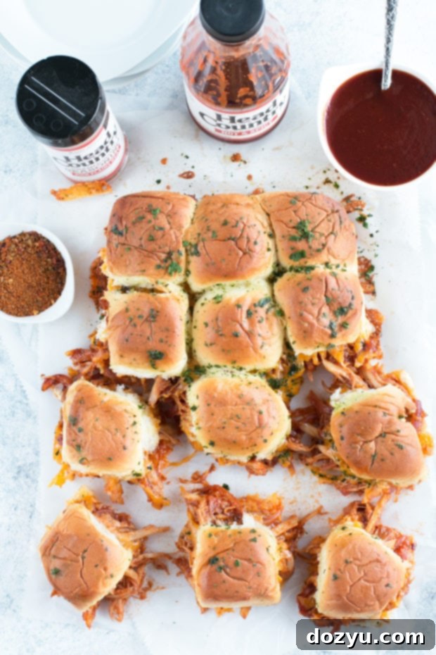 Delicious Cheesy BBQ Chicken Pull Apart Sliders ready for a party