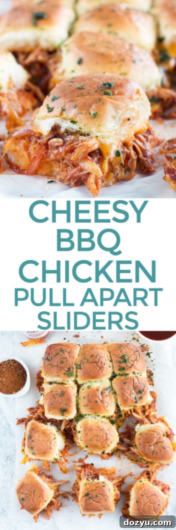 Pin-worthy image of Cheesy BBQ Chicken Pull Apart Sliders for Pinterest