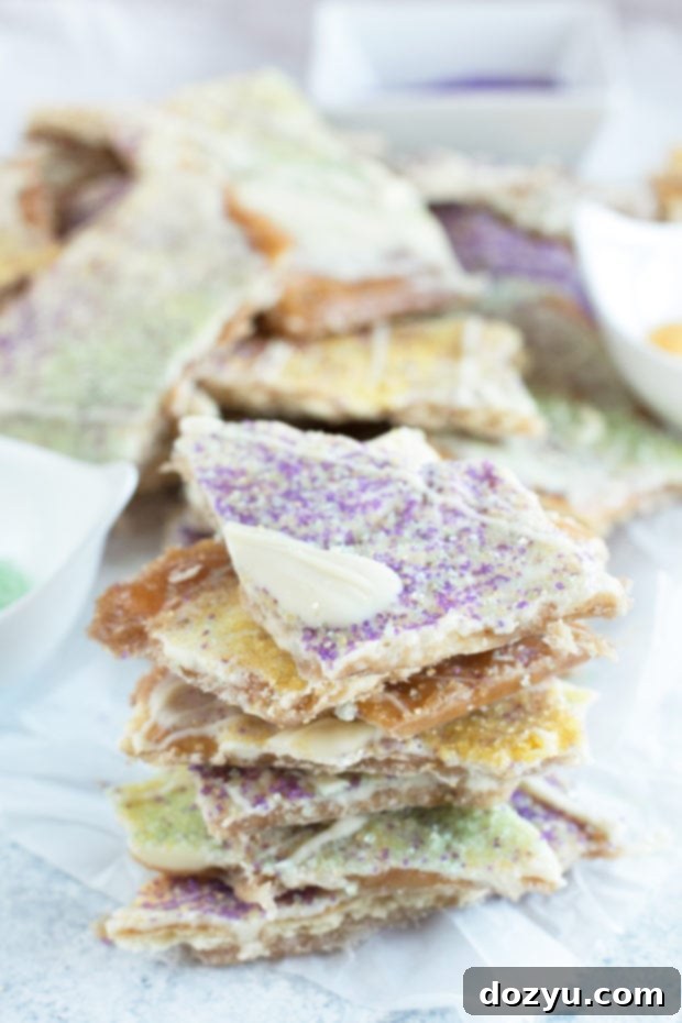 Mardi Gras King Cake Brittle 6 A close-up of King Cake Crack Candy, showcasing the perfect crackable texture and the festive Mardi Gras colors from the sprinkles.