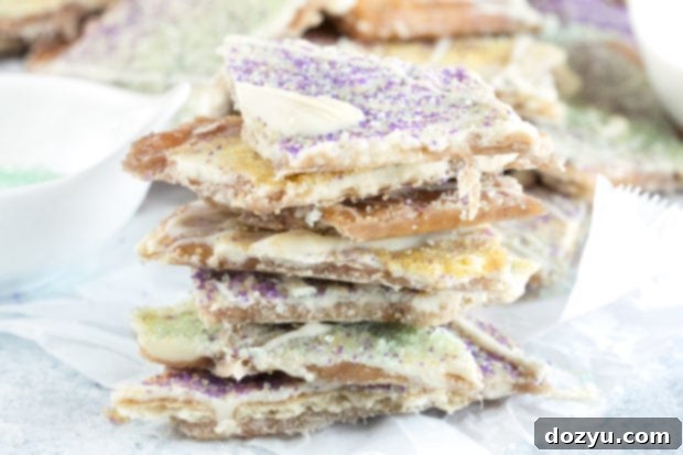 Mardi Gras King Cake Brittle 7 A wide, horizontal shot of the finished King Cake Crack Candy, ready to be enjoyed during Mardi Gras festivities.