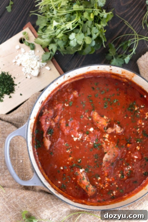 Overhead view of Chipotle Braised Chicken Thighs in a serving dish, garnished.
