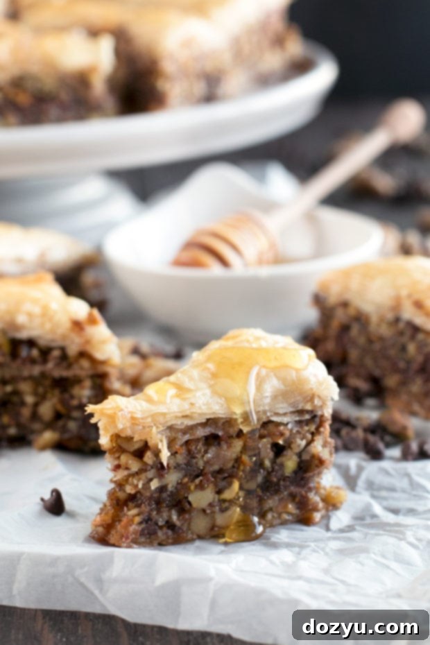 Chocolate Pistachio Baklava with Bourbon Orange Honey Syrup