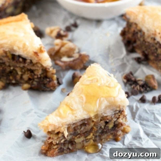 Chocolate Pistachio Baklava with Bourbon Orange Honey Syrup