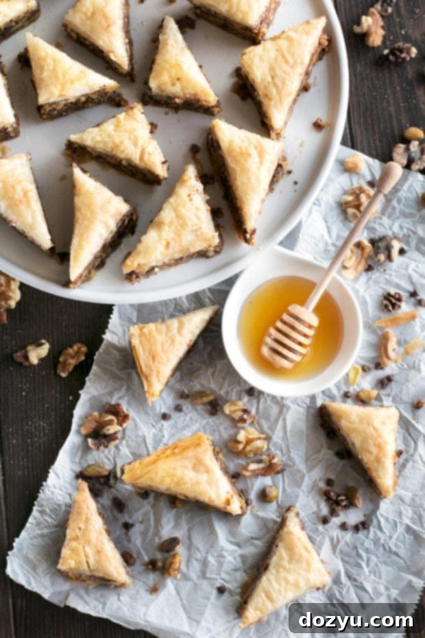 Chocolate Pistachio Baklava with Bourbon Orange Honey Syrup