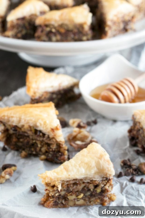 Chocolate Pistachio Baklava with Bourbon Orange Honey Syrup